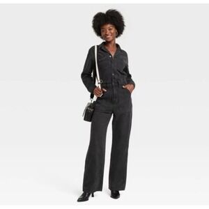 Universal Thread Womans Black Denim Wide Leg Jumpsuit Button Down Utility Baggy